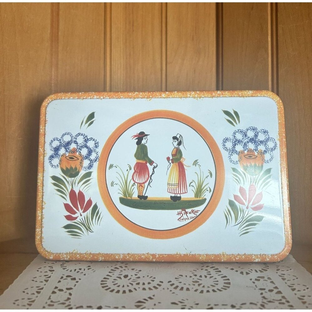 Quimper Style Vintage Biscuit Tin Hinged Embossed Lid Massilly France Folk Art
